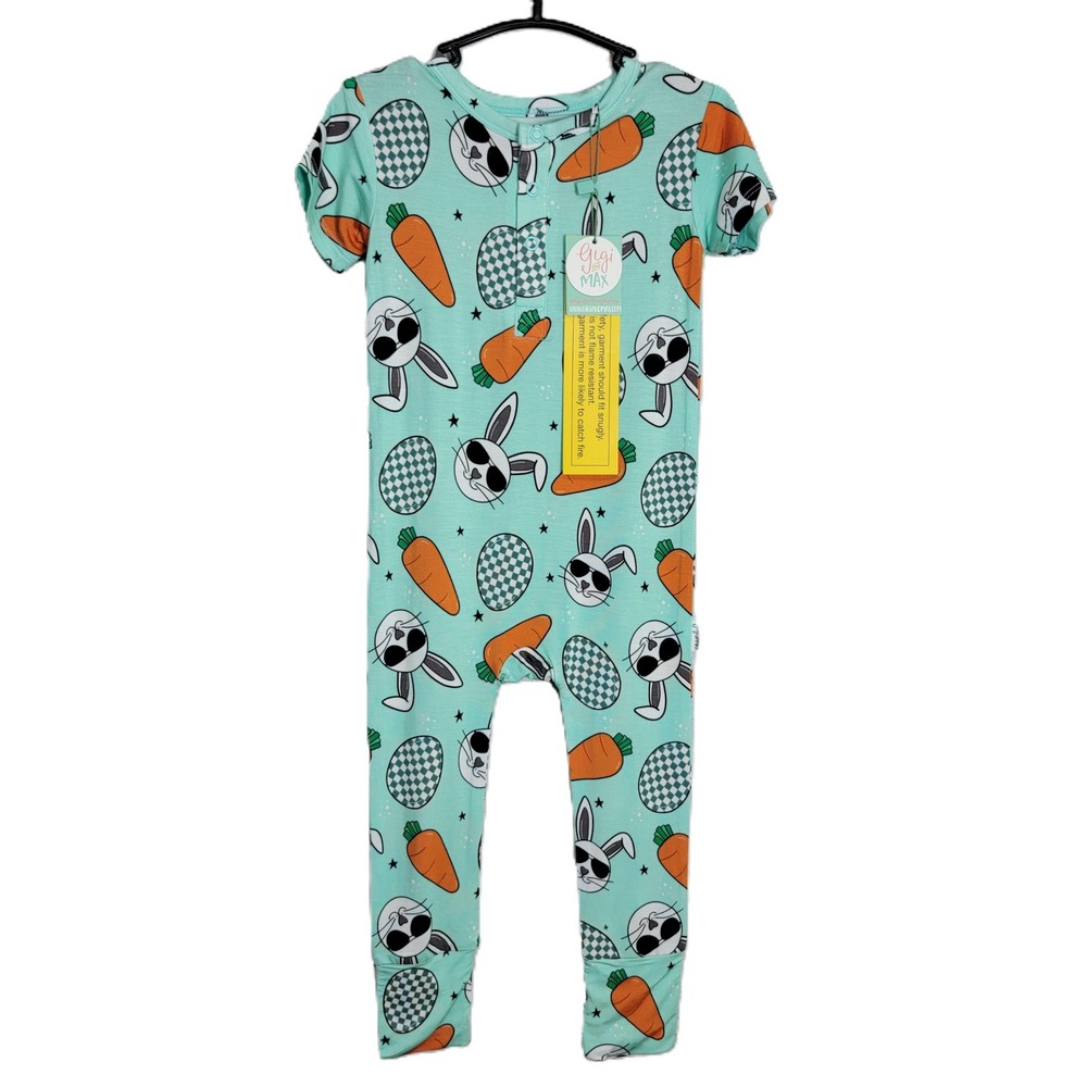 Gigi and Max Bamboo‎ Easter Romper Mint Green Bunny Carrots 12-18M NWT